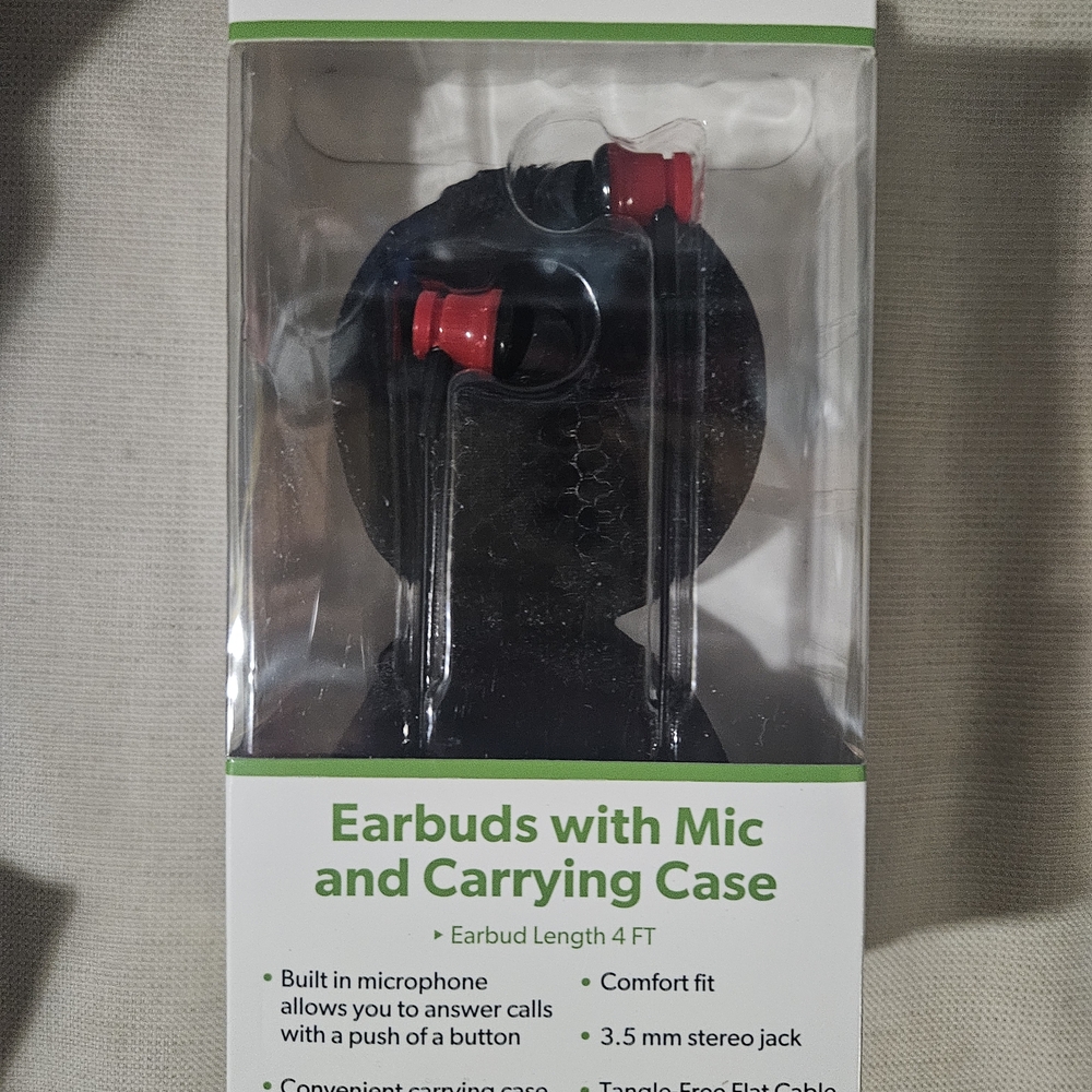 Red and Black Earbuds with Mic and Carrying Case